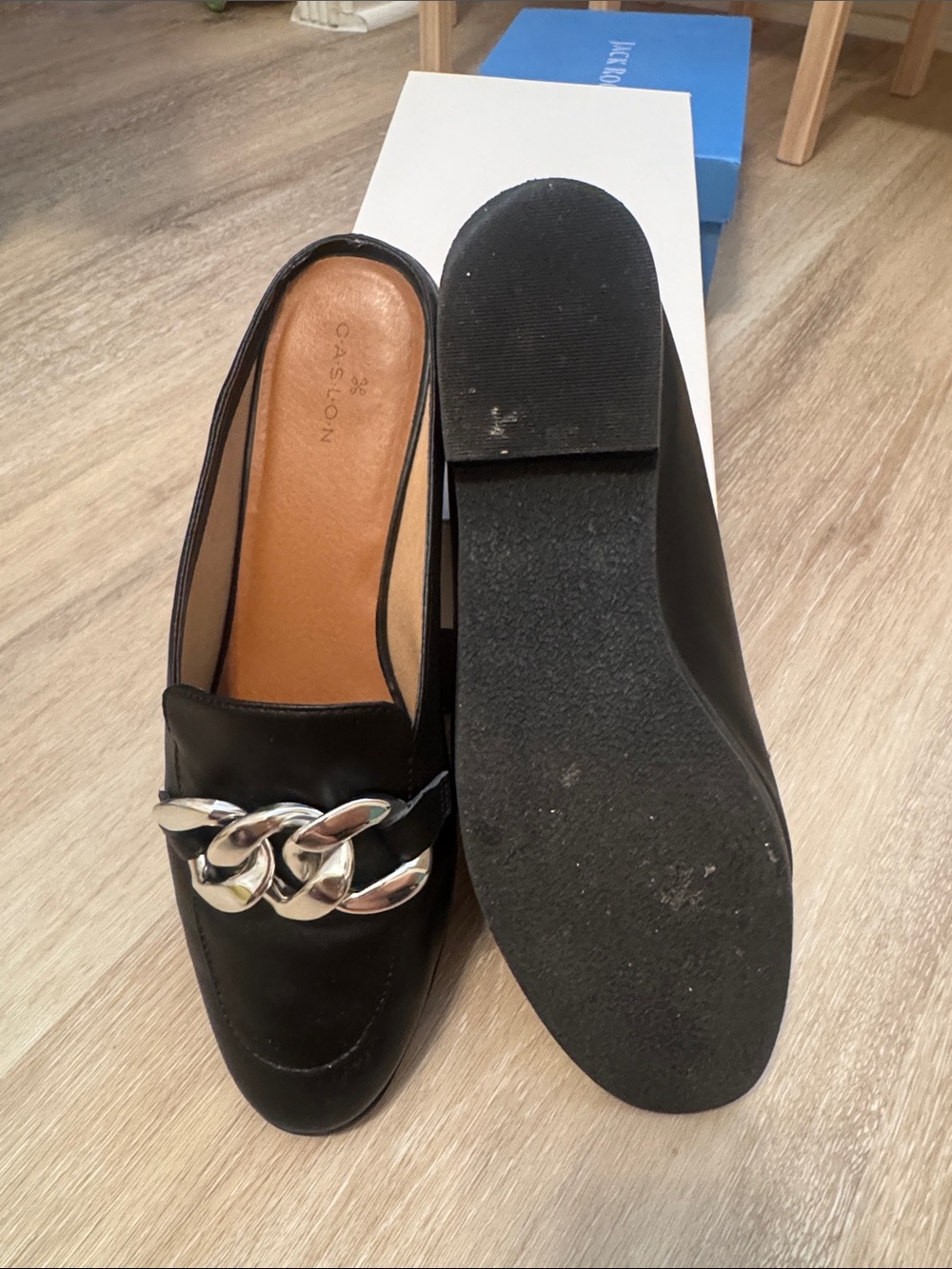 Caslon Black Leather Slip-On Mules with Silver Chain Accent